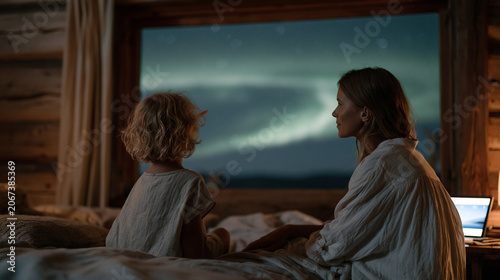 Child pointing upward through modest bedroom window at glowing auroral curtain arcing across rural sky, parent kneeling beside her explaining geomagnetic storm origin while