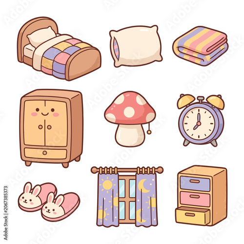 A collection of cute bedroom objects and furniture.
