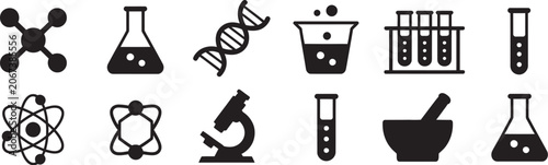 Science laboratory icon set with chemistry flasks, glassware containers, beakers and experiment equipment illustrations for scientific research, education and healthcare applications.