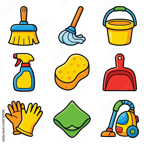 Tableau sur toile Cleaning tools and supplies icons set.