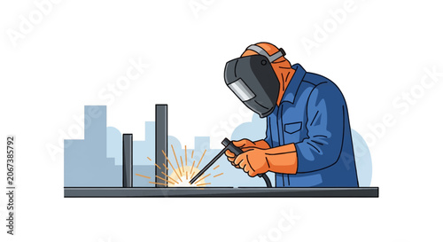 Industrial worker wearing protective welding helmet and orange gloves performing arc welding on steel structures with bright orange sparks in a vector illustration style.