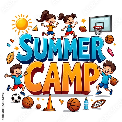 Colorful stock illustration of active forest summer camp text banner with athletic kids