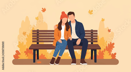 Minimalist flat vector illustration of a young man and woman sitting on a wooden park bench, surrounded by orange and yellow autumn leaves in a park setting during fall.