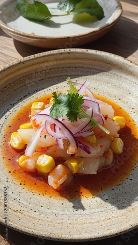 Seafood dish with sauce in ceramic bowl