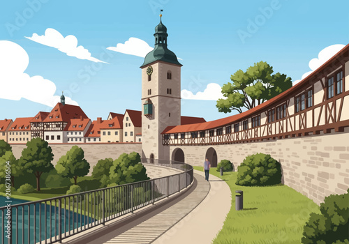 Vector illustration of a medieval city fortification with a stone clock tower, half-timbered houses, city walls, and a pedestrian walkway along a riverbank under a blue cloudy sky.
