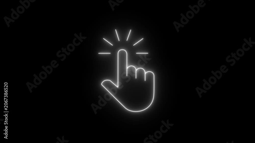 Glowing neon hand mouse cursor icon on black background. hand cursor with click and accent. Mouse pointer hand click icon animation.