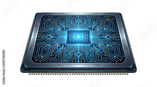 Computer processor chip unit with glowing blue circuitry patterns isolated