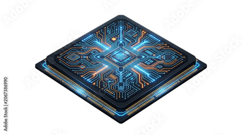 Obraz na płótnie Isometric digital computing processor chip with glowing data circuitry paths