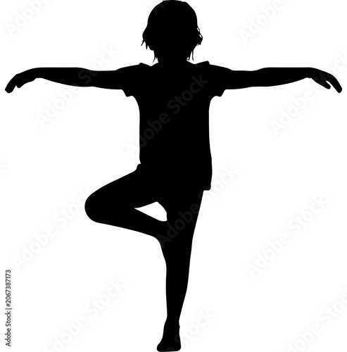Black Silhouette of a Child Balancing on One Leg with Arms Outstretched Isolated on White