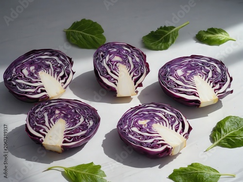 Sliced purple cabbage with green leaves