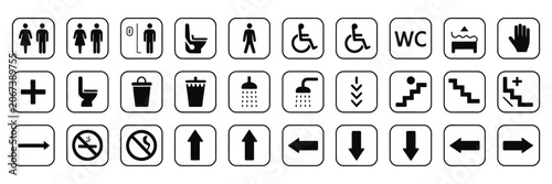 Billede på lærred Public facility icon set featuring restrooms accessibility baby changing and hygiene symbols for wayfinding and service signage