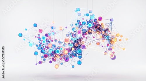 Abstract 3D rendering of interconnected spheres and glowing nodes forming a complex network structure with vibrant gradient colors against a minimalist white background for digital technolog