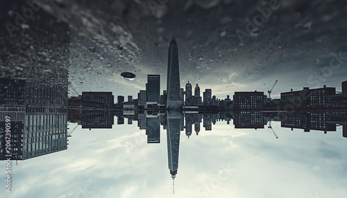 Surreal Double Exposure City Skyline Reflected in Rain Puddle Creating Symmetrical Urban Mirror Image on Overcast Day