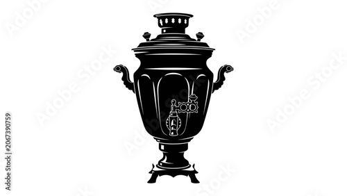 Tableau sur toile Ornate Russian Samovar: A detailed, classic Russian samovar, rendered in a striking black silhouette, stands ready to brew tea