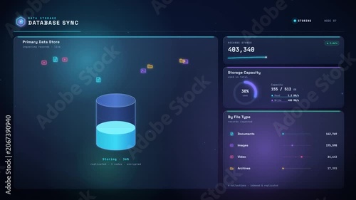 Futuristic database sync dashboard with data storage cylinder filling and rising metrics