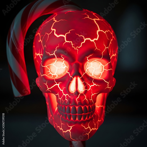 A vibrant red skull, glowing with internal light and cracks, impaled on a candy cane in a dark, ominous setting.
