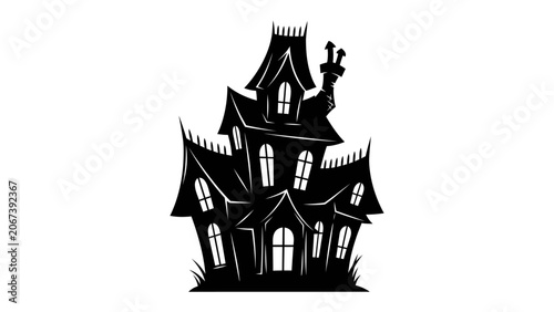 Tableau sur toile Spooky Haunted House Silhouette: A sinister silhouette of a haunted mansion, with a crooked silhouette of chimneys and gabled windows, standing ominously amidst a ghostly glow