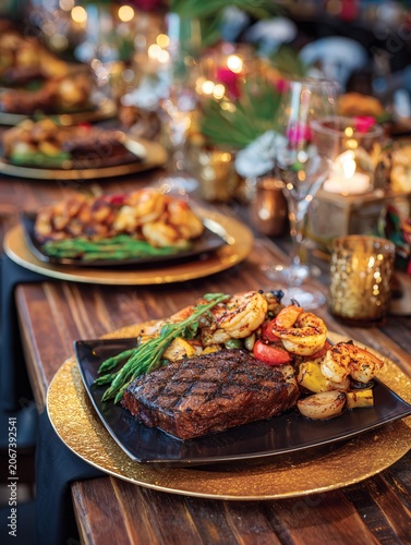 Steak dinner with roasted vegetables and candles