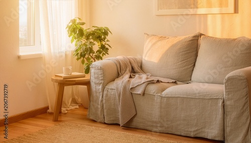 Cozy linen armchair with knit throw and plant in warm sunlit living room