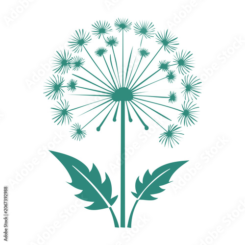 Teal Dandelion Icon with Leaves on White Background