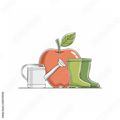 Apple with Watering Can and Rubber Boots