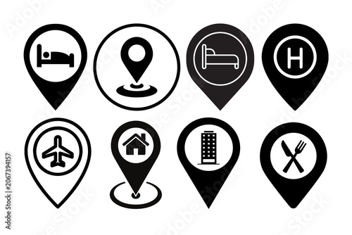 Collection of location pins with various icons for navigation and travel