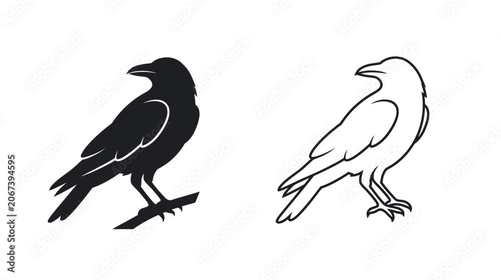 Fototapeta premium Raven silhouettes and line art on a white background
