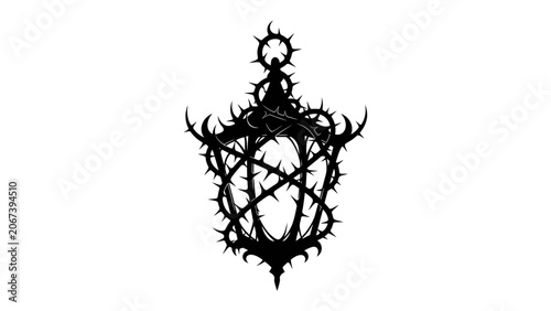 Obraz na plátne Dark Lantern Illustration: A striking black silhouette of a lantern intricately entwined with sharp thorns, symbolizing hidden struggle or confinement