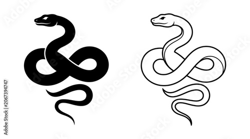 Bild auf Leinwand Two snake silhouettes one solid black and one line art on white background