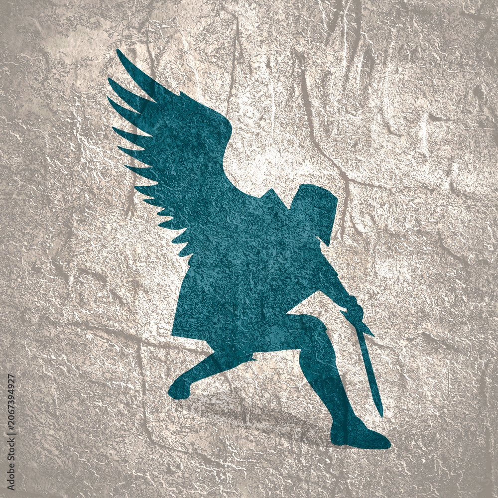 Fototapeta premium Fantasy man angel warrior with wings. Warlike character. A fantasy character is a knight of light.