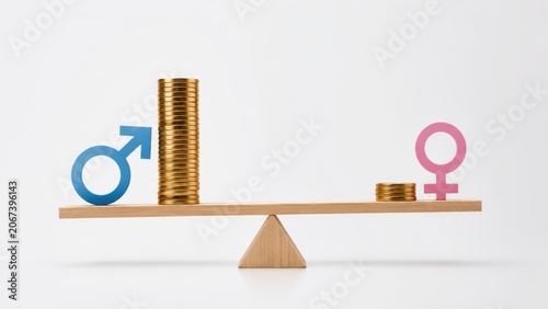 unbalanced seesaw with male and female gender symbols beside unequal coin stacks on white background, financial inequality and wage gap scene, concept of human resources, employment law