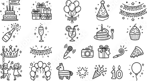 Quadro su tela Set of Hand-Drawn Birthday Party Elements Including Cake, Balloons, Gifts, Party