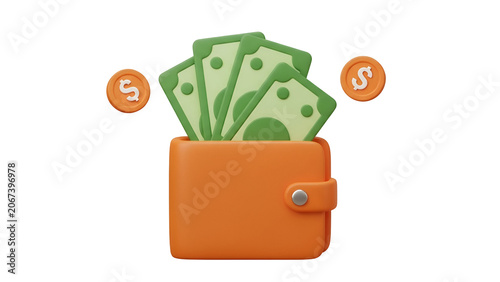 Orange leather wallet filled with green paper banknotes and floating gold dollar coins rendered in a smooth 3d cartoon style