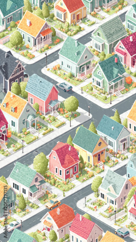 Colorful suburban neighborhood with pastel houses and green lawns in a peaceful residential area