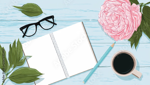 Flat lay of open notebook with blank pages near flowers coffee and glasses on pastel wooden surface