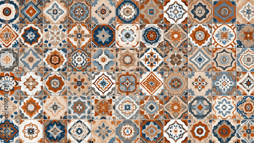 Colorful Moroccan style mosaic tiles with intricate geometric patterns in warm earth tones for interior design decor