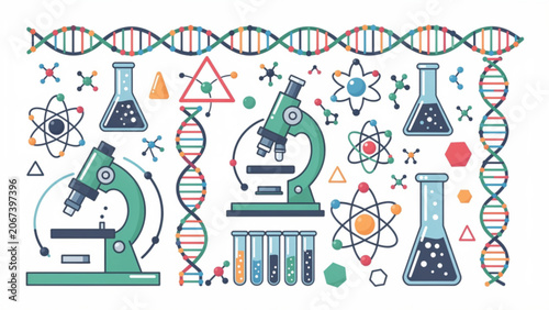 scientific laboratory with microscopes test tubes and chemical flasks in colorful cartoon style for research and education