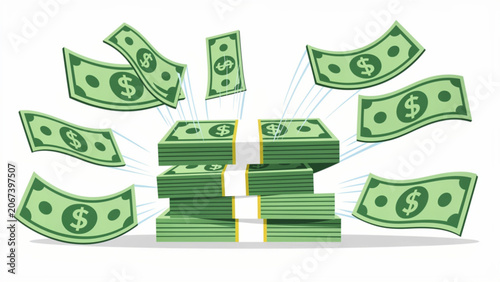 Stacks of hundred dollar bills with flying cash and green color symbolizing money and financial success