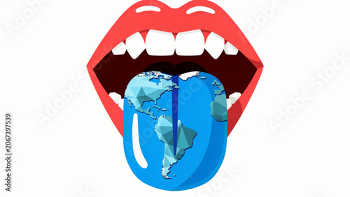 Close up of mouth with tongue featuring a world map on tongue with red lips on white background