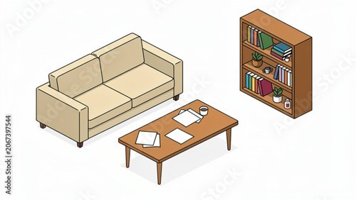 isometric living room sofa bookshelf coffee table interior design furniture