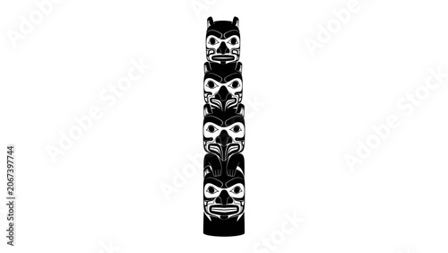 Bild auf Leinwand Tribal Totem Pole Illustration: A stylized, monochrome illustration of a totem pole featuring carved faces and symbols, representing indigenous art and culture