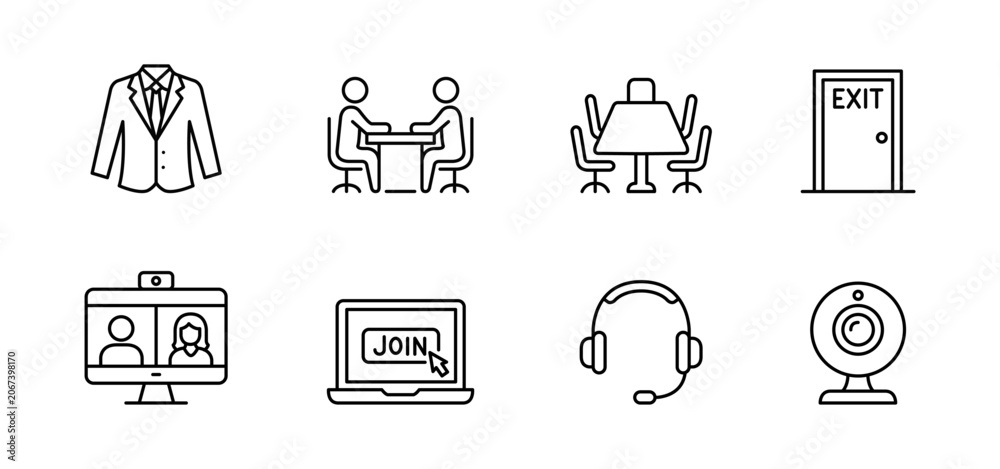 Fototapeta premium Business office meeting conference icon line business meeting icon set showing office suit, conference table, exit door, laptop, headset, webcam, and video call symbols for remote work