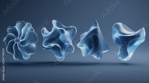 Shapes made of clear material on a dark background showing different visual forms and textures in a studio setting