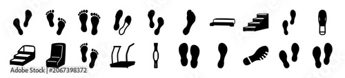 Variety of stylized footprints and shoe icons - A collection of simple, minimalist icons showing footprints and different shoe types in black and white style.