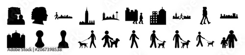 Flat icons of people walking and city buildings - Collection of minimalist icons showing silhouettes of people walking and city skyline buildings in a clean, flat design style.