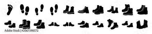 Black silhouette icons of various shoes and boots - A collection of stylized black silhouette icons showcasing different types of shoes, boots, and footwear styles in a clean, minimalist design.