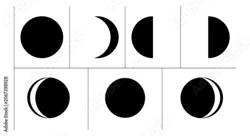 Tableau sur toile Minimalist moon phases icon set, black lunar cycle silhouettes, celestial astron