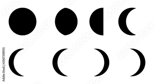 Fényképezés Minimalist moon phases vector set, black lunar cycle icons, celestial moon silho