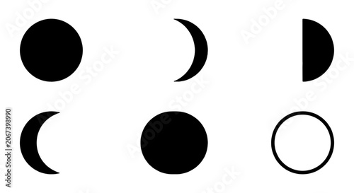Konstfotografi Minimalist moon phases icon set, black lunar cycle silhouettes, celestial astron