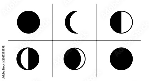 Bild auf Leinwand Minimalist moon phases icon set, black lunar cycle vector silhouettes, astronomi